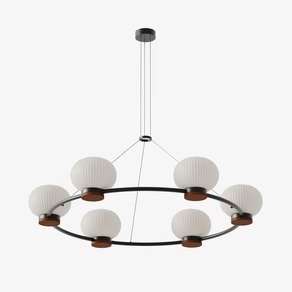 Lampa wisząca Irzo 6 — Aromas Del Campo, sześć kloszy w białej tkaninie, rama czarna, widok z przodu