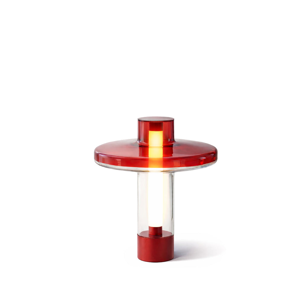 Lampa stołowa Nevo — Tamo, obudowa czerwona, szkło przezroczyste, widok z przodu