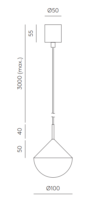 Nino — schemat wymiarów, średnica kopuły 100 mm, wysokość zawieszenia do 3000 mm