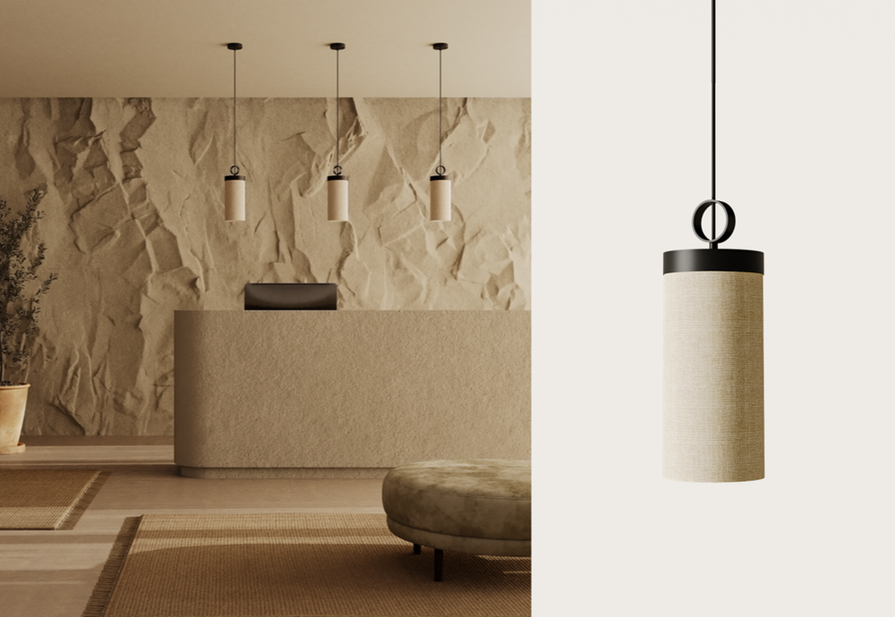 Lampa wisząca Nooi — Aromas Del Campo, abażur lniana tkanina, metalowy uchwyt, widok z przodu