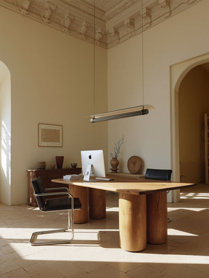 Tasta — lampa w aranżacji biura, oświetlenie nad drewnianym stołem, ujęcie lifestyle