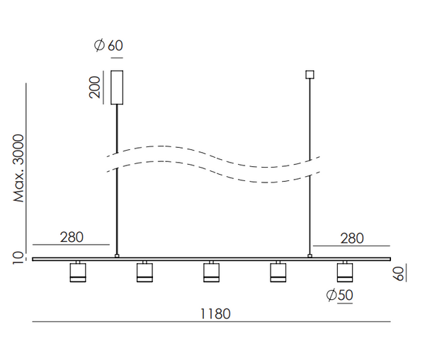 Tea 5 — schemat techniczny, wymiary i rozmieszczenie kloszów, diagram zawieszenia