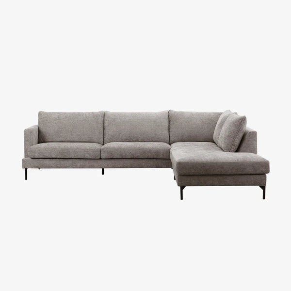 Sofa Altera — Vilmers, konfiguracja narożna z szezlongiem, tapicerka szara tkanina, widok z przodu