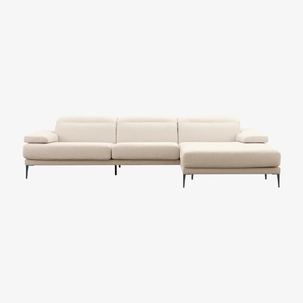Sofa Cricket — Vilmers, konfiguracja narożna z szezlongiem, tapicerka jasna tkanina, nogi metalowe
