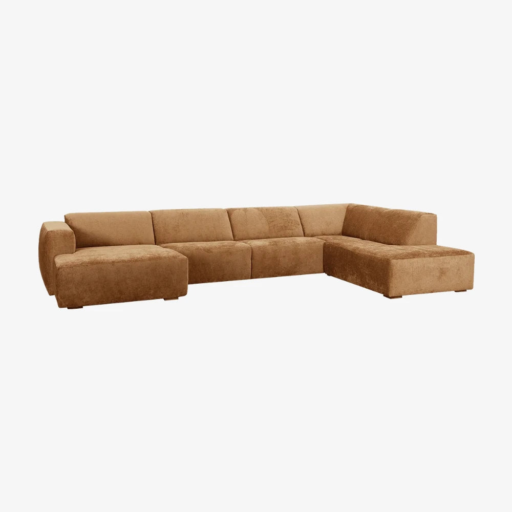 Sofa Gardenia — Vilmers, konfiguracja narożna z szezlongiem, tapicerka skóra naturalna caramel, widok z przodu