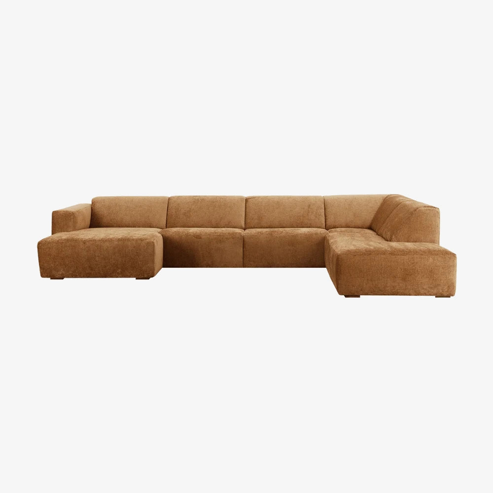 Sofa Gardenia — Vilmers, konfiguracja narożna z szezlongiem, tapicerka skóra naturalna caramel, widok z przodu