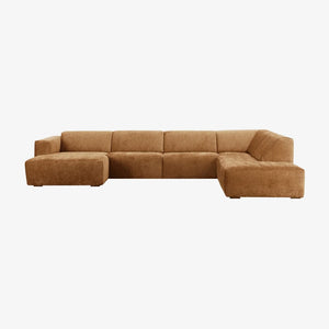 Sofa Gardenia — Vilmers, konfiguracja narożna z szezlongiem, tapicerka skóra naturalna caramel, widok z przodu