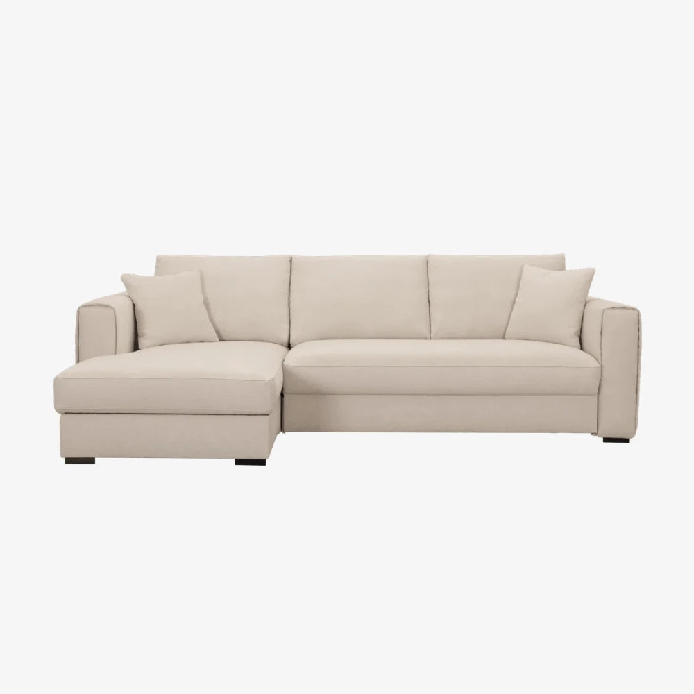 Sofa Helena — Vilmers, konfiguracja narożna z szezlongiem, tapicerka w tkaninie beżowej, widok z przodu