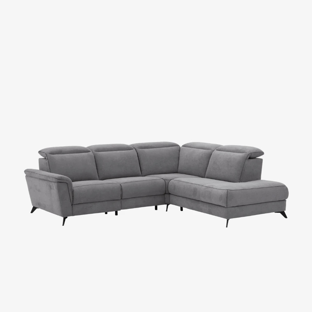 Sofa Live — Vilmers, konfiguracja narożna z szezlongiem, tapicerka szara tkanina, widok z przodu