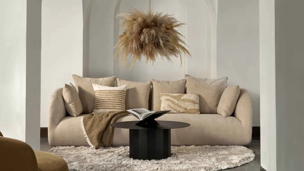 Sofa Pebble — Vilmers, tapicerka w jasnej tkaninie, widok z przodu