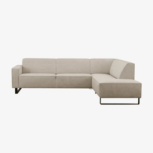 Sofa Roll — Vilmers, konfiguracja narożna z szezlongiem, tapicerka jasna tkanina, nogi metalowe czarne