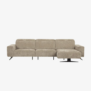 Sofa Sunset — Vilmers, konfiguracja narożna z szezlongiem, tapicerka jasna tkanina, widok z przodu
