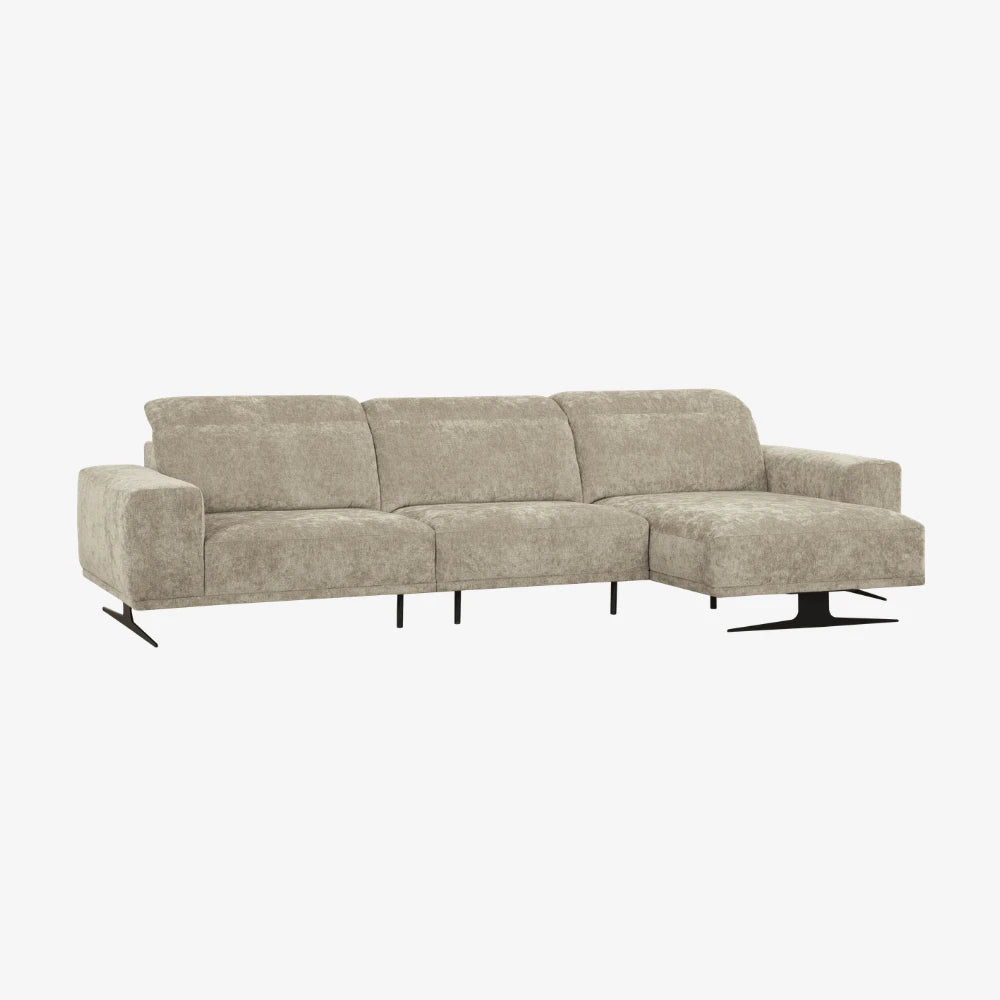 Sofa Sunset — Vilmers, konfiguracja narożna z szezlongiem, tapicerka jasna tkanina, widok z przodu