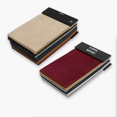 Wzorniki Alcantara A+B — Ligne Roset, próbki tkanin w różnych kolorach, widok z góry